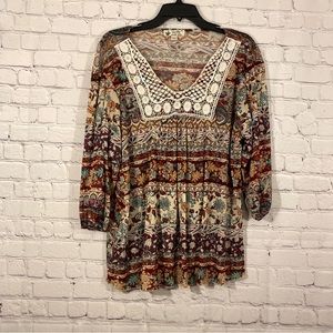 Unity World Wear Womens Shirt XL 3/4 Sleeve Round Neck Semi Sheer Top Boho
